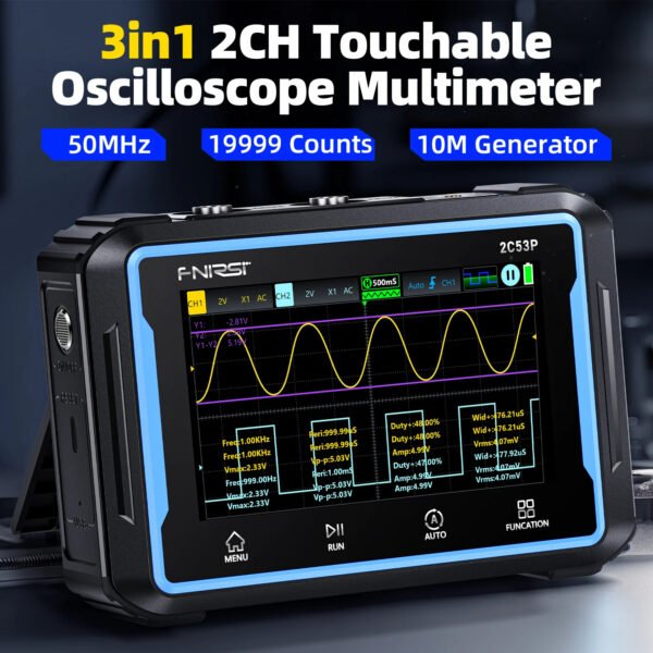 FNIRSI 2C53P 3-IN-1 Dual Channel Digital Oscilloscope+Multimeter+Signal Generator 4.3" Touch Screen 50MHz 250Ms/S 19999 Counts - Image 2