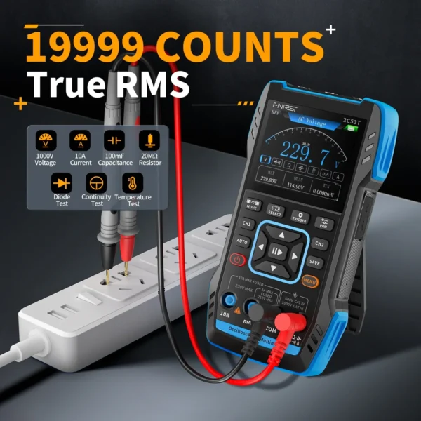 FNIRSI 2C53T Digital Oscilloscope Multimeter Signal Generator 3 IN 1 Dual Channel 50MHz 250MS Sampling Rate 20000 Count True RMS - Image 4