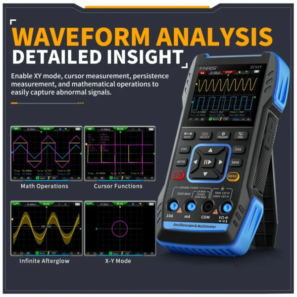 FNIRSI 2C53T Digital Oscilloscope Multimeter Signal Generator 3 IN 1 Dual Channel 50MHz 250MS Sampling Rate 20000 Count True RMS - Image 3