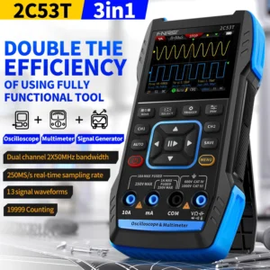 FNIRSI 2C53T Digital Oscilloscope Multimeter Signal Generator 3 IN 1 Dual Channel 50MHz 250MS Sampling Rate 20000 Count True RMS