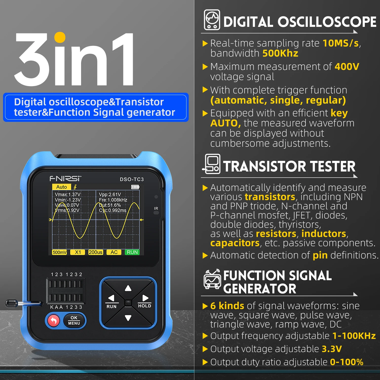 FNIRSI DSO-TC3 Mini Handheld Digital Oscilloscope Transistor Tester Signal Source 3in1 Multifunction Electronic Component Tester - Image 2