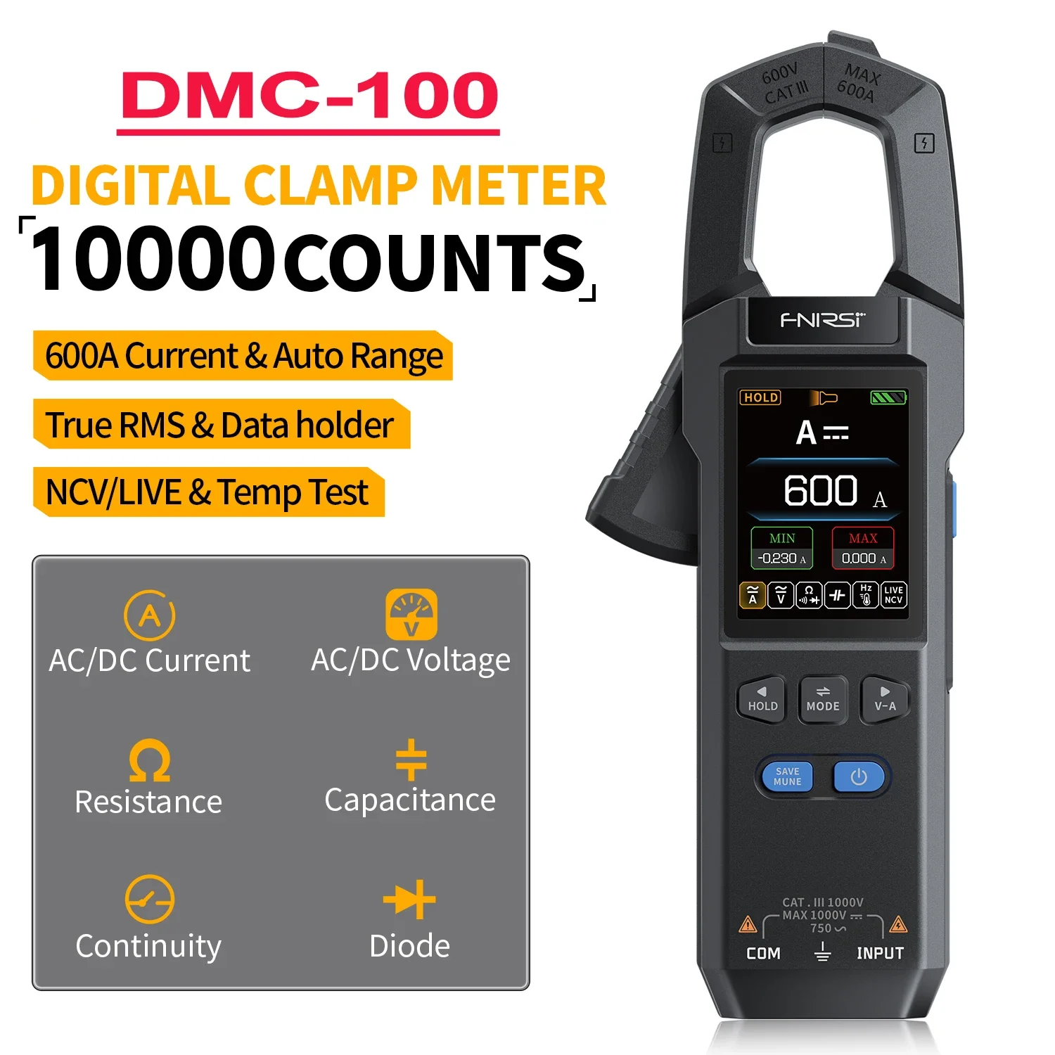 FNIRSI DMC-100 High Precision Digital Clamp Meter Multimeter Automatic Intelligent Voltmeter Ammeter 600A 10000 Counts TRMS NCV