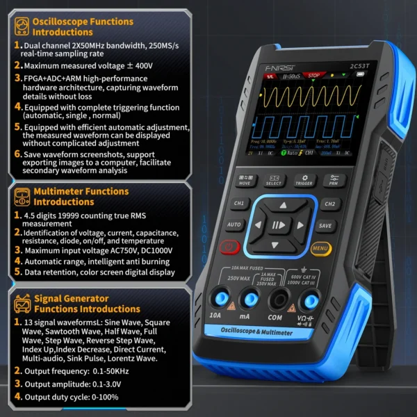 FNIRSI 2C53T Digital Oscilloscope Multimeter Signal Generator 3 IN 1 Dual Channel 50MHz 250MS Sampling Rate 20000 Count True RMS - Image 6